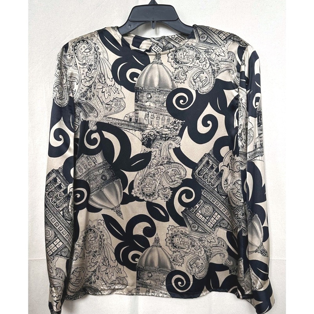 Bella Camicie Brett Harrison Silk Top Black Bronze Artsy Paisley 8 Vtg‎ 80s READ
